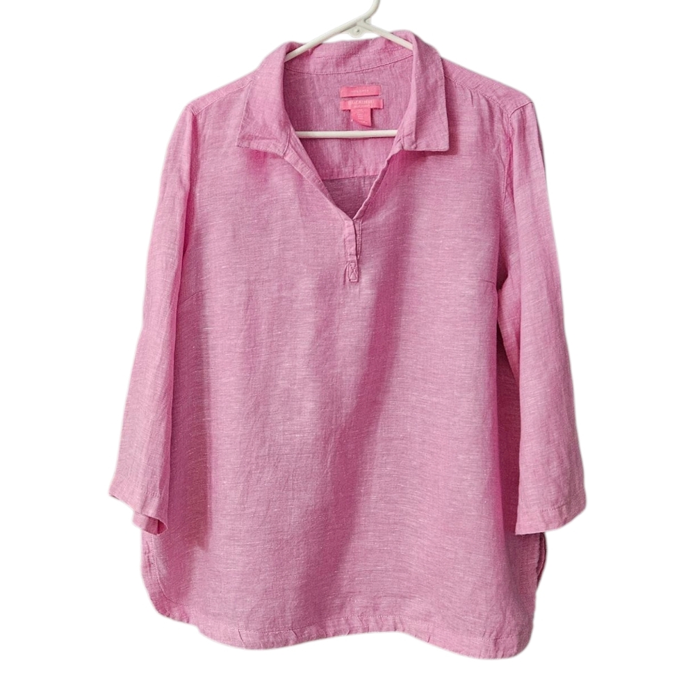 Isaac Mizrahi Linen Popover Blouse Tunic Pink 3/4 Sleeve Size L